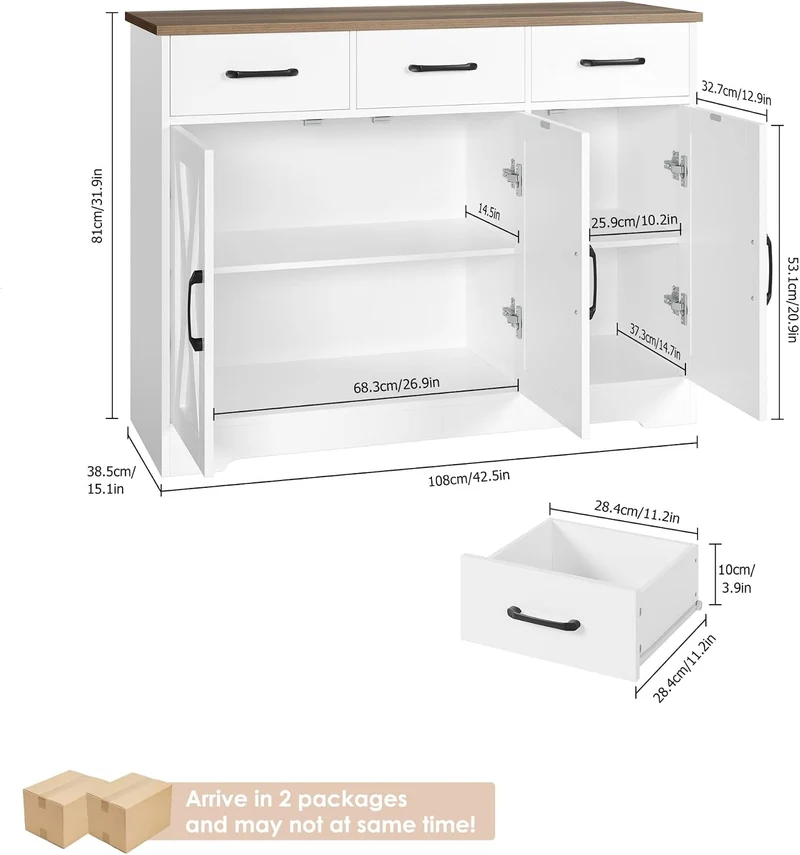 HOCSOK Sideboard, Küchenschrank mit Verstellbaren Ablagen, Weiß & Braun