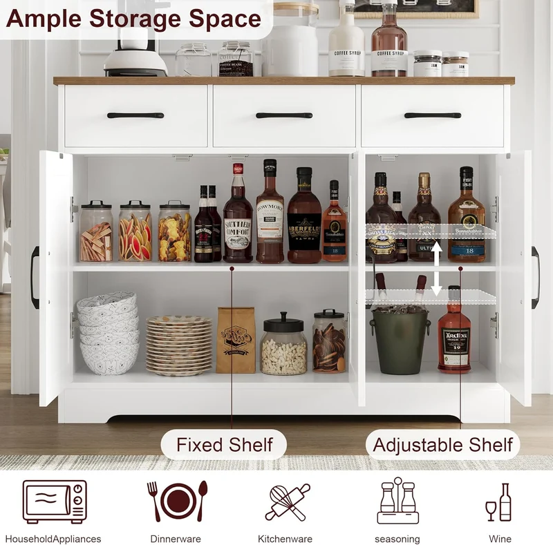 HOCSOK Sideboard, Küchenschrank mit Verstellbaren Ablagen, Weiß & Braun