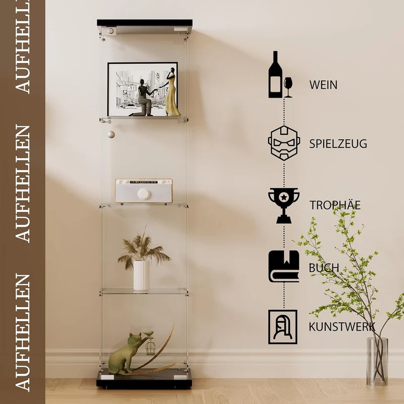 Glasvitrine Standvitrine in Schwarz, 164x42,5x36,5CM Glas Vitrine