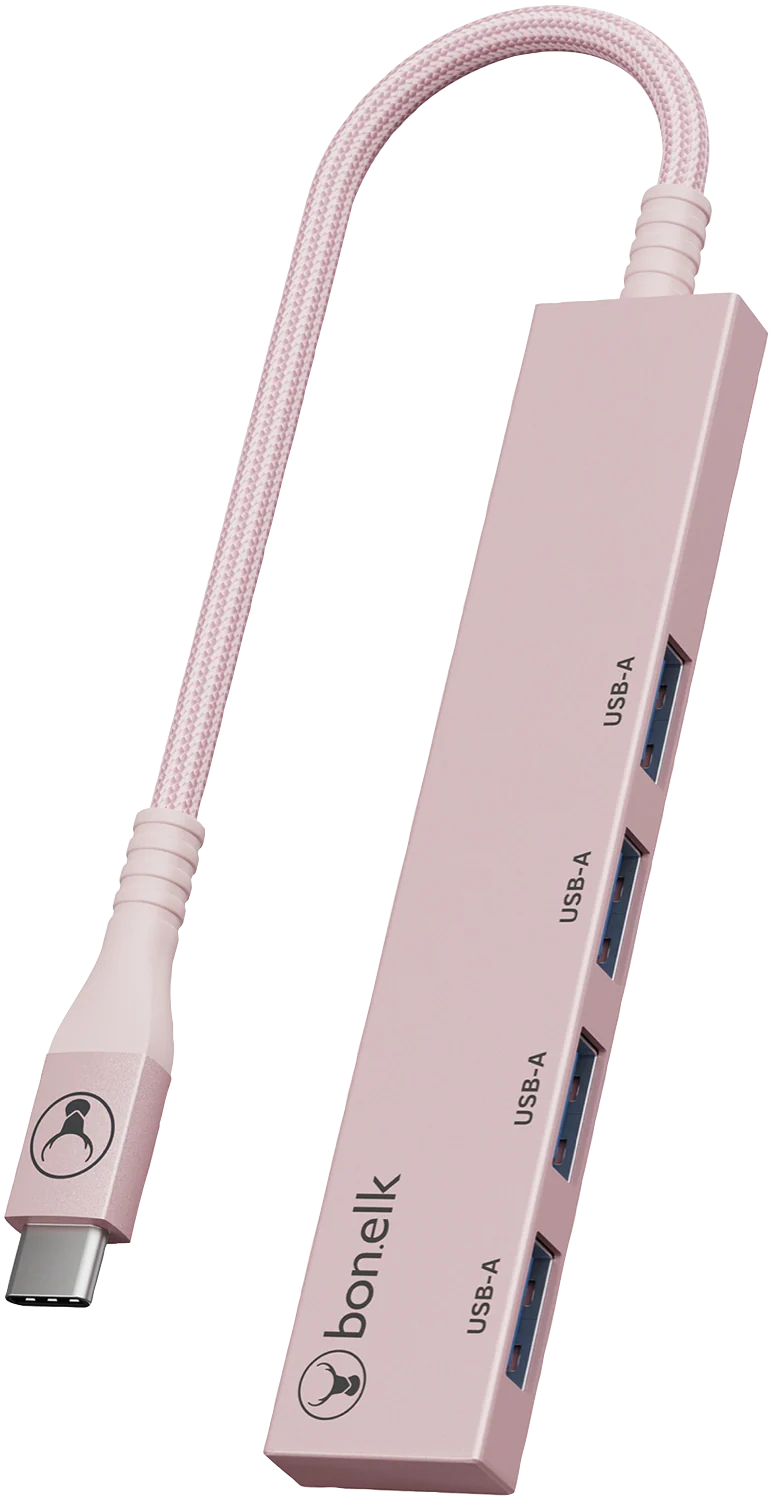 Bonelk Long-Life USB-C to 4 Port USB-A Slim Hub (Blush)