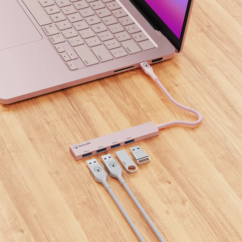 Bonelk Long-Life USB-C to 4 Port USB-A Slim Hub (Blush)