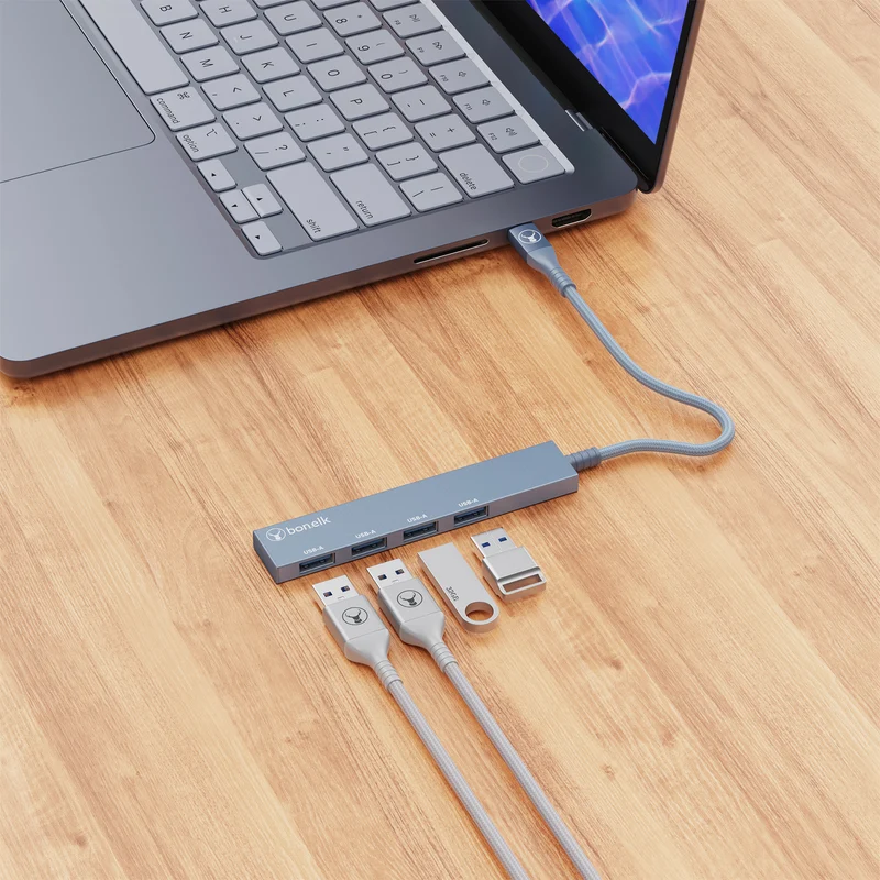 Bonelk Long-Life USB-C to 4 Port USB-A Slim Hub (Indigo)