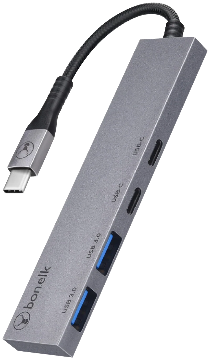 Bonelk Long-Life USB-C to 4 Port USB-A Slim Hub (Silver)