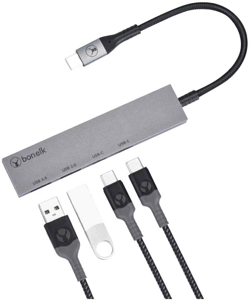 Bonelk Long-Life USB-C to 4 Port USB-A Slim Hub (Silver)