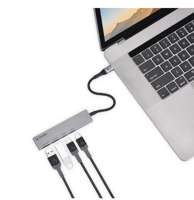 Bonelk Long-Life USB-C to 4 Port USB-A Slim Hub (Silver)