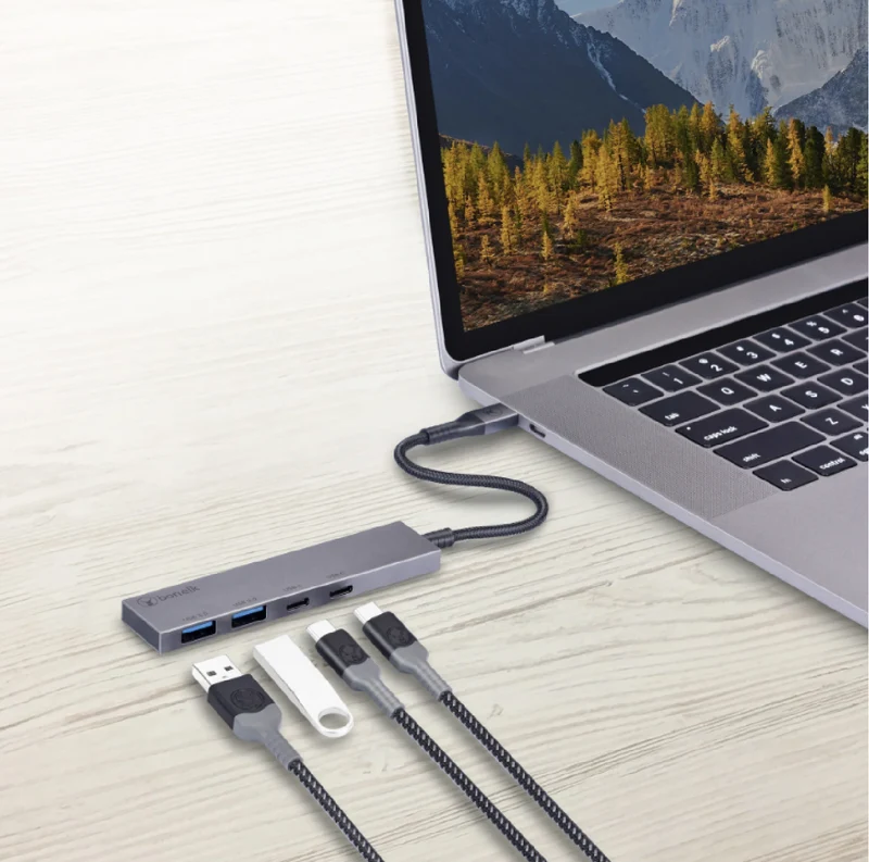 Bonelk Long-Life USB-C to 4 Port USB-A Slim Hub (Silver)