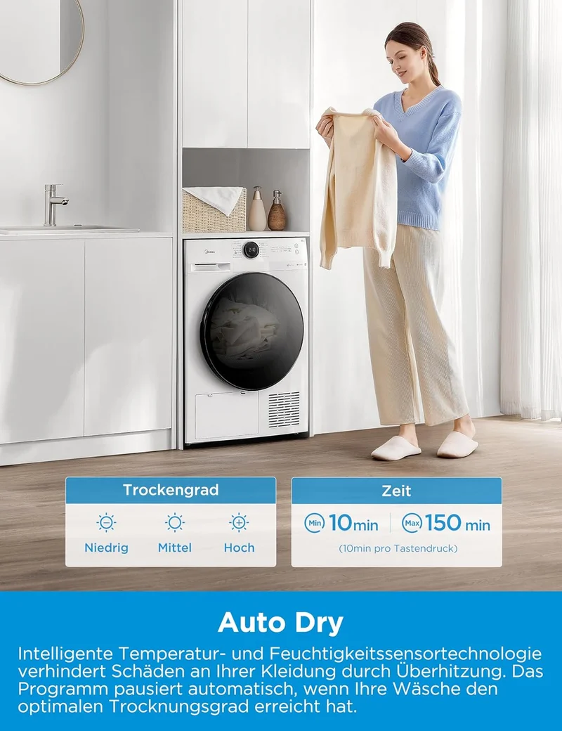 Midea Wärmepumpentrockner 8 kg Energieklasse C Fernsteuerung MD20EH80WB-A3