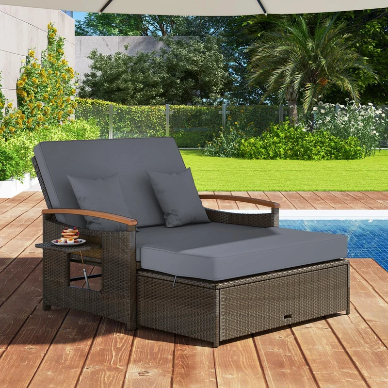 GIANTEX Rattan Lounge Gartenmöbel Set 2-Sitzer mit Doppelliege & Hocker, Outdoor Sofa mit Stauraum, verstellbar für Balkon & Terrasse