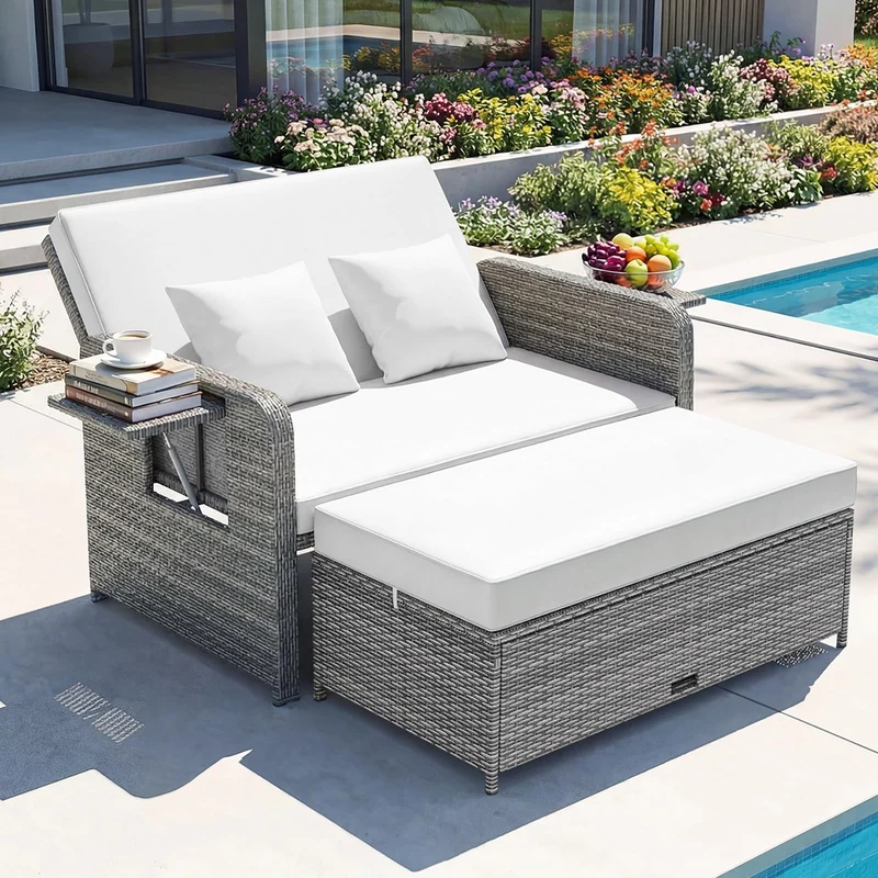 GIANTEX Rattan Lounge Gartenmöbel Set 2-Sitzer mit Doppelliege & Hocker, Outdoor Sofa mit Stauraum, verstellbar für Balkon & Terrasse