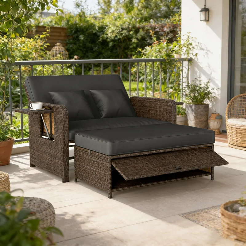 GIANTEX Rattan Lounge Gartenmöbel Set 2-Sitzer mit Doppelliege & Hocker, Outdoor Sofa mit Stauraum, verstellbar für Balkon & Terrasse