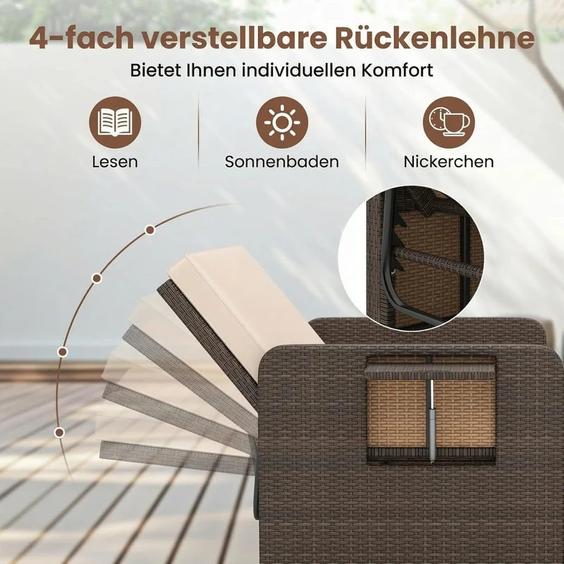 GIANTEX Rattan Lounge Gartenmöbel Set 2-Sitzer mit Doppelliege & Hocker, Outdoor Sofa mit Stauraum, verstellbar für Balkon & Terrasse