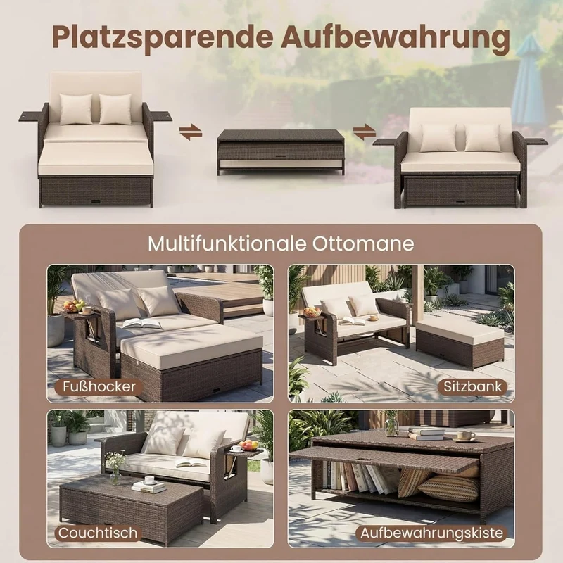 GIANTEX Rattan Lounge Gartenmöbel Set 2-Sitzer mit Doppelliege & Hocker, Outdoor Sofa mit Stauraum, verstellbar für Balkon & Terrasse