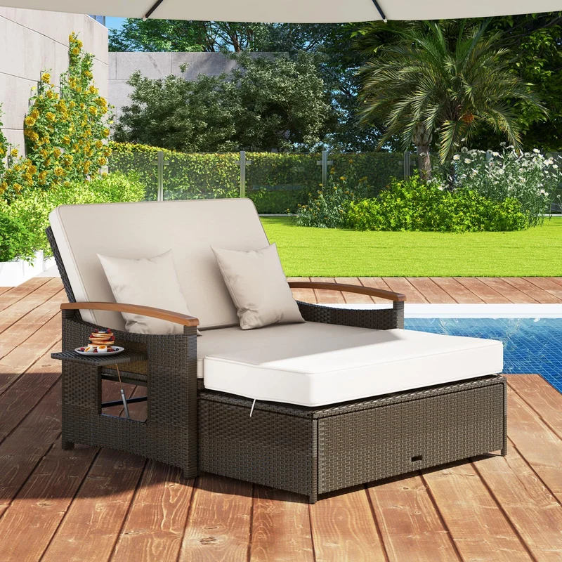 GIANTEX Rattan Lounge Gartenmöbel Set 2-Sitzer mit Doppelliege & Hocker, Outdoor Sofa mit Stauraum, verstellbar für Balkon & Terrasse