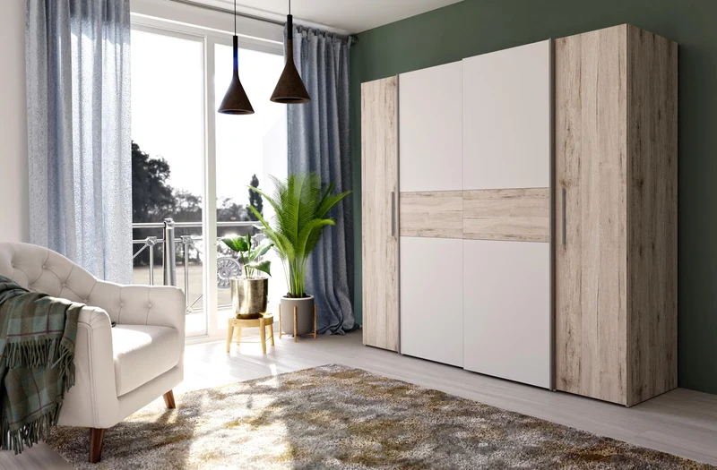 Forte Kalixtus Kleiderschrank 4-türig mit Schwebetüren – Moderner Schlafzimmerschrank mit Kleiderstangen & Einlegeböden