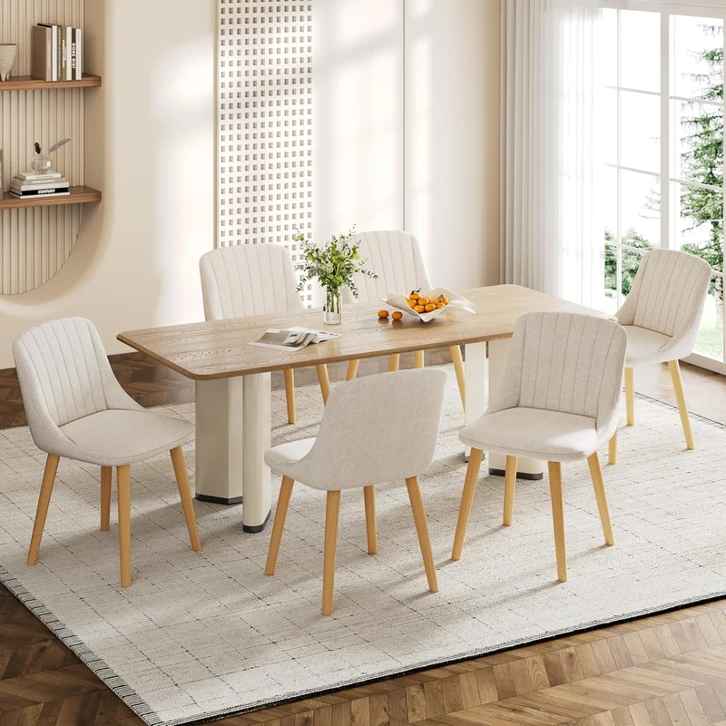 Esszimmerstühle Beige 4er Set Holzbeine Polsterstuhl Küchenstuhl aus Polyester Stühle Esszimmer Wohnzimmerstuhl für Esszimmer Küche Büro