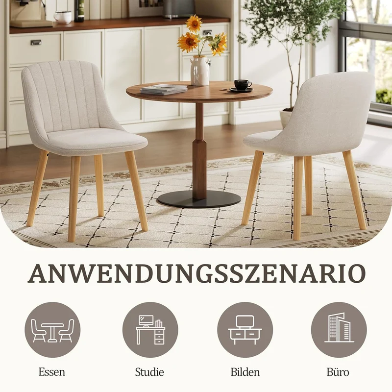 Esszimmerstühle Beige 4er Set Holzbeine Polsterstuhl Küchenstuhl aus Polyester Stühle Esszimmer Wohnzimmerstuhl für Esszimmer Küche Büro