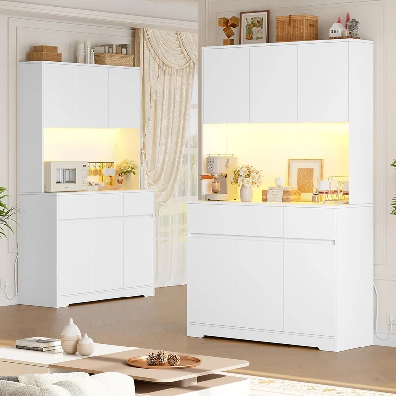 FirFurd Küchenschrank Buffetschrank Weiß 180x100x38,5 cm – Sideboard mit LED, Steckdose, Arbeitsplatte, Türen & Schubladen