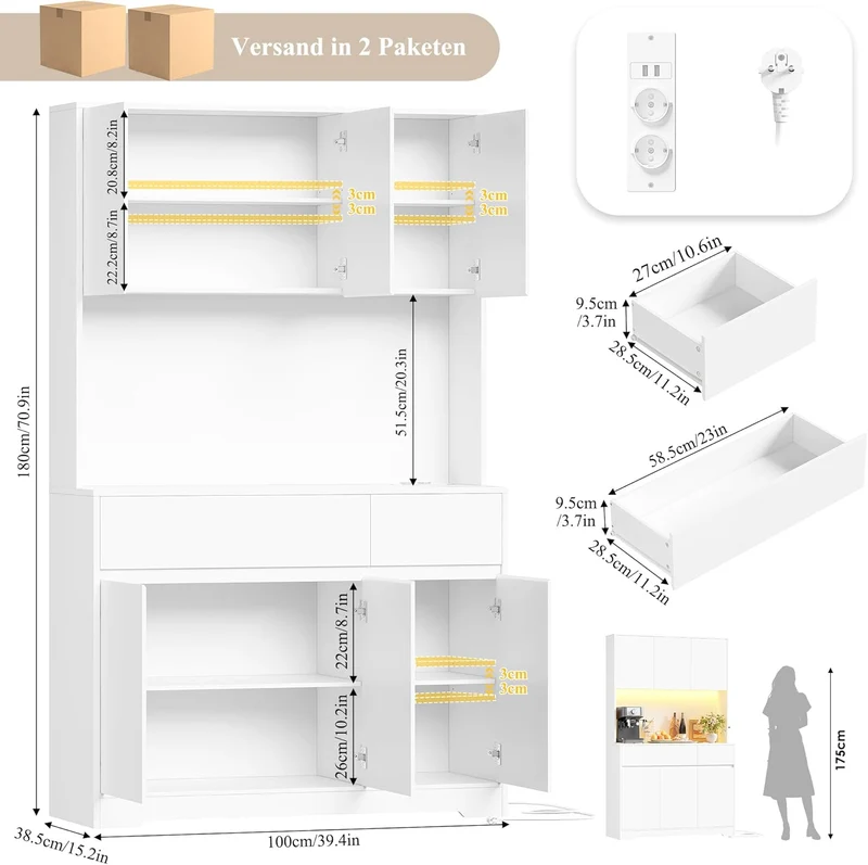 FirFurd Küchenschrank Buffetschrank Weiß 180x100x38,5 cm – Sideboard mit LED, Steckdose, Arbeitsplatte, Türen & Schubladen