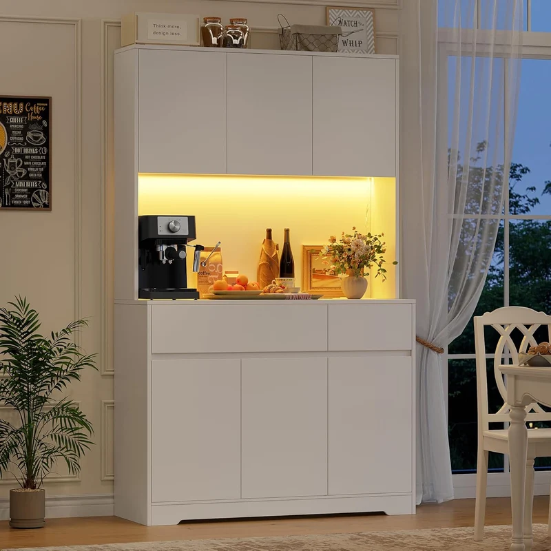 FirFurd Küchenschrank Buffetschrank Weiß 180x100x38,5 cm – Sideboard mit LED, Steckdose, Arbeitsplatte, Türen & Schubladen