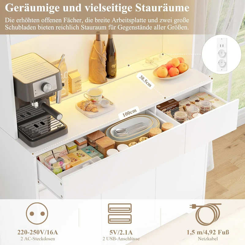 FirFurd Küchenschrank Buffetschrank Weiß 180x100x38,5 cm – Sideboard mit LED, Steckdose, Arbeitsplatte, Türen & Schubladen