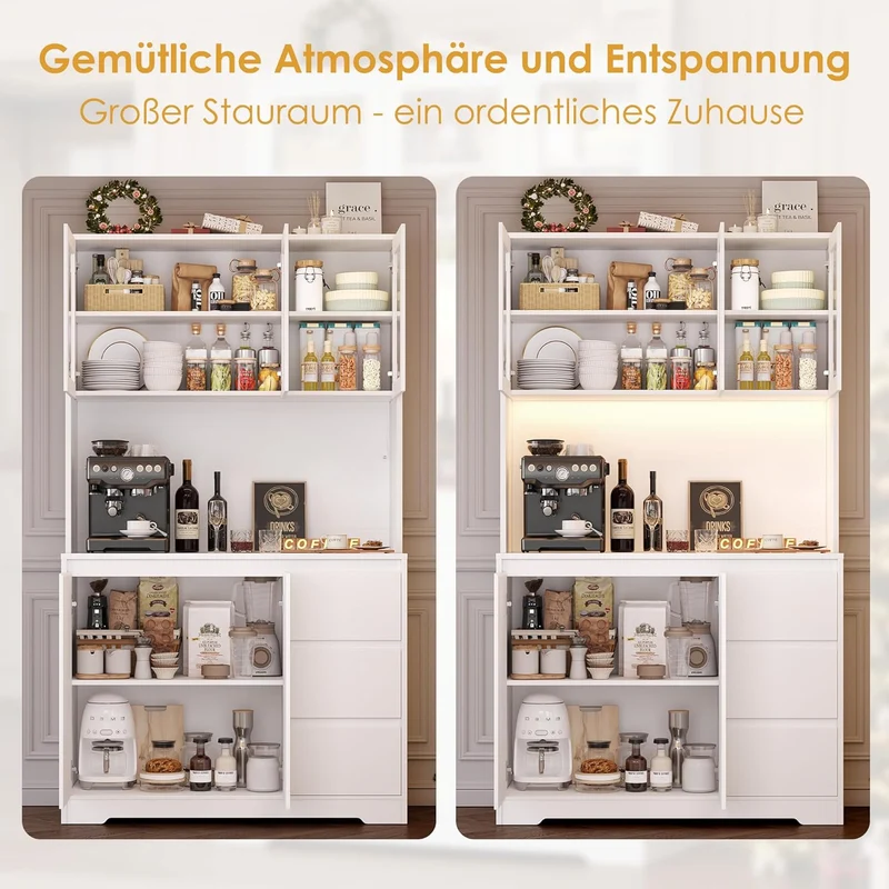 FirFurd Küchenschrank Weiß 180 cm mit LED & Steckdose – Buffetschrank mit Arbeitsplatte, Glastüren & 3 Schubladen