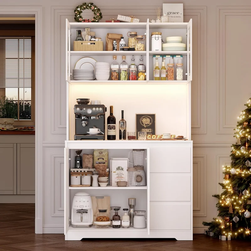 FirFurd Küchenschrank Weiß 180 cm mit LED & Steckdose – Buffetschrank mit Arbeitsplatte, Glastüren & 3 Schubladen