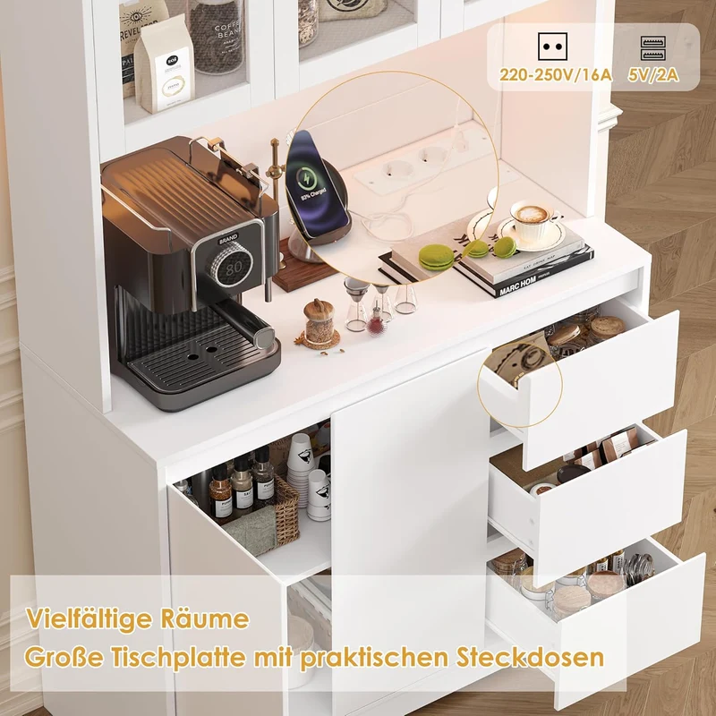 FirFurd Küchenschrank Weiß 180 cm mit LED & Steckdose – Buffetschrank mit Arbeitsplatte, Glastüren & 3 Schubladen