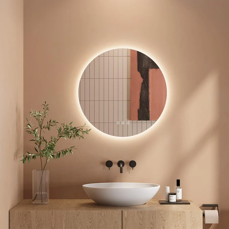 Dripex Badezimmerspiegel Led Badspiegel Rund, Touch-Schalter, Dimmbar, 3 Lichtfarbe Einstellbare Spiegel Bad mit Beleuchtung, LED Wandspiegel mit Licht, Beschlagfrei 80x80 cm