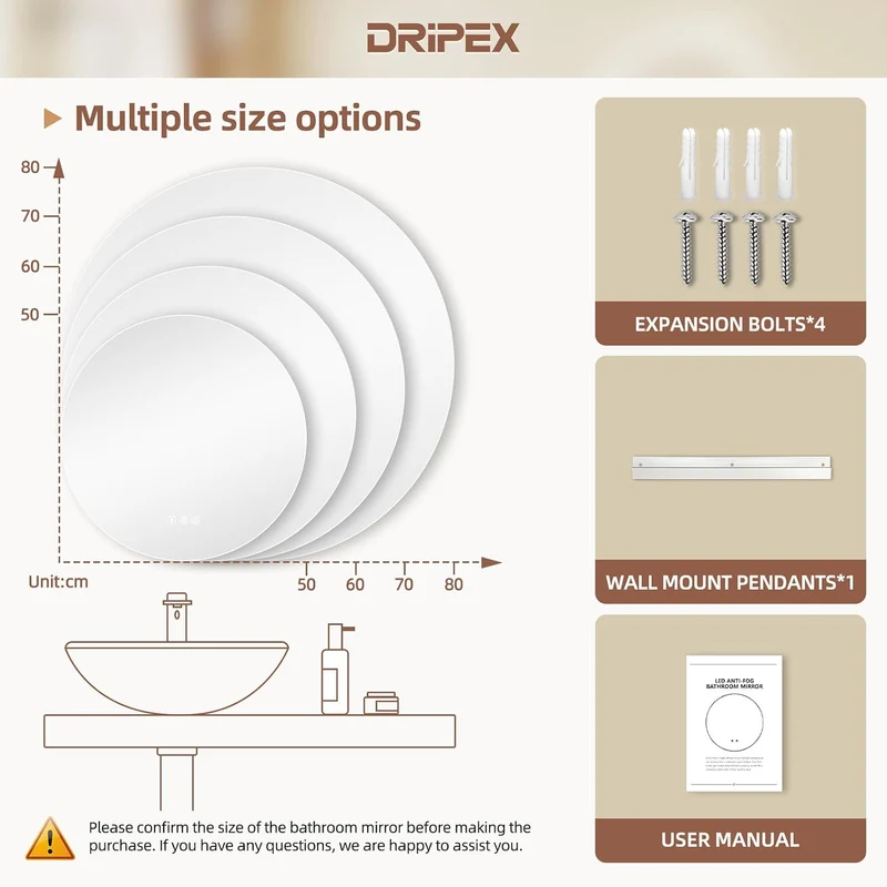 Dripex Badezimmerspiegel Led Badspiegel Rund, Touch-Schalter, Dimmbar, 3 Lichtfarbe Einstellbare Spiegel Bad mit Beleuchtung, LED Wandspiegel mit Licht, Beschlagfrei 80x80 cm