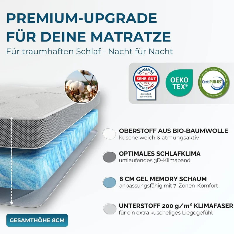 Deluxe Gel Topper 180x200cm | Oberstoff aus 100% Bio-Baumwolle | wolkenweicher 7-Zonen Matratzentopper 180x200cm | Hohes RG 50 | 8cm Matratzen Topper 180x200 |Luxus Matratzenauflage Geltopper