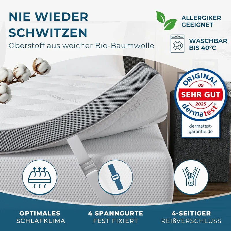 Deluxe Gel Topper 180x200cm | Oberstoff aus 100% Bio-Baumwolle | wolkenweicher 7-Zonen Matratzentopper 180x200cm | Hohes RG 50 | 8cm Matratzen Topper 180x200 |Luxus Matratzenauflage Geltopper