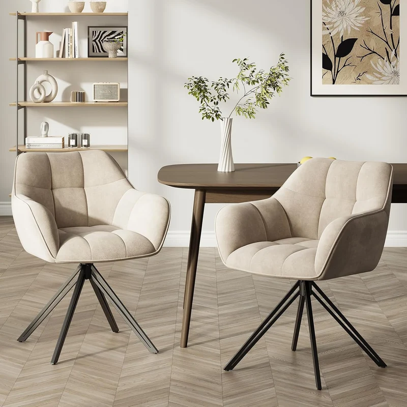 COLAMY Drehstühle für Esszimmer, 2er Set, Drehbare Polsterstühle mit Armlehnen und Rückenlehne, Bequeme Küchenstühle für Wohnzimmer & Essbereich, Beige