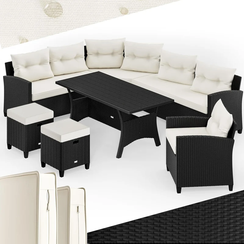 Casaria Polyrattan Ecklounge Set Schwarz für 9 Personen – Gartenmöbel Set mit WPC Tisch, Sessel & 2 Hockern