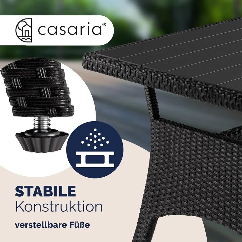 Casaria Polyrattan Ecklounge Set Schwarz für 9 Personen – Gartenmöbel Set mit WPC Tisch, Sessel & 2 Hockern