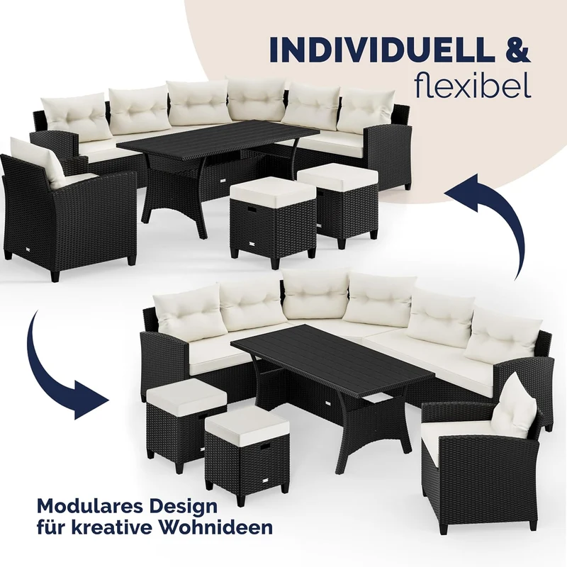 Casaria Polyrattan Ecklounge Set Schwarz für 9 Personen – Gartenmöbel Set mit WPC Tisch, Sessel & 2 Hockern