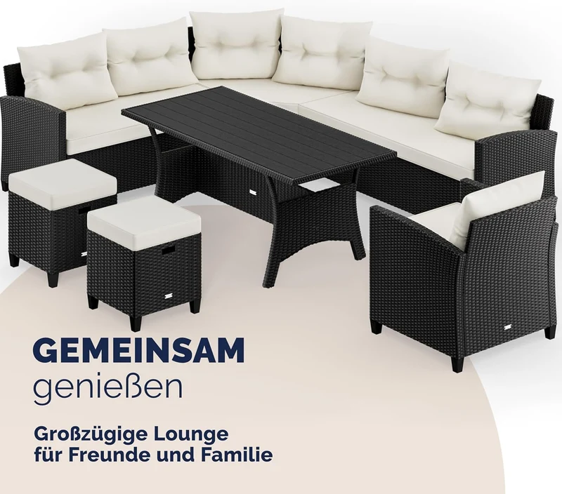 Casaria Polyrattan Ecklounge Set Schwarz für 9 Personen – Gartenmöbel Set mit WPC Tisch, Sessel & 2 Hockern