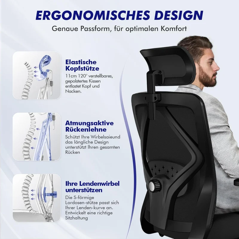 Daccormax Bürostuhl, Bürostuhl Ergonomisch Schreibtischstuhl mit Verstellbaren Armlehnen, Kopfstütze und weiche Lendenstütze aus Naturschwamm, Chefsessel Drehstuhl Wippfunktion 200kg, Schwarz