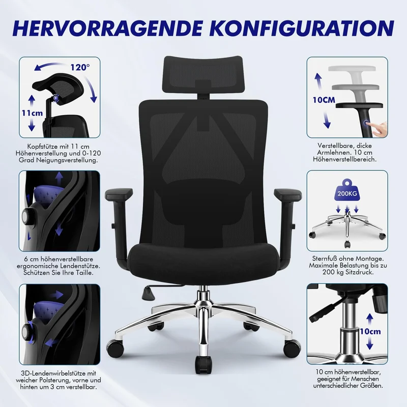 Daccormax Bürostuhl, Bürostuhl Ergonomisch Schreibtischstuhl mit Verstellbaren Armlehnen, Kopfstütze und weiche Lendenstütze aus Naturschwamm, Chefsessel Drehstuhl Wippfunktion 200kg, Schwarz