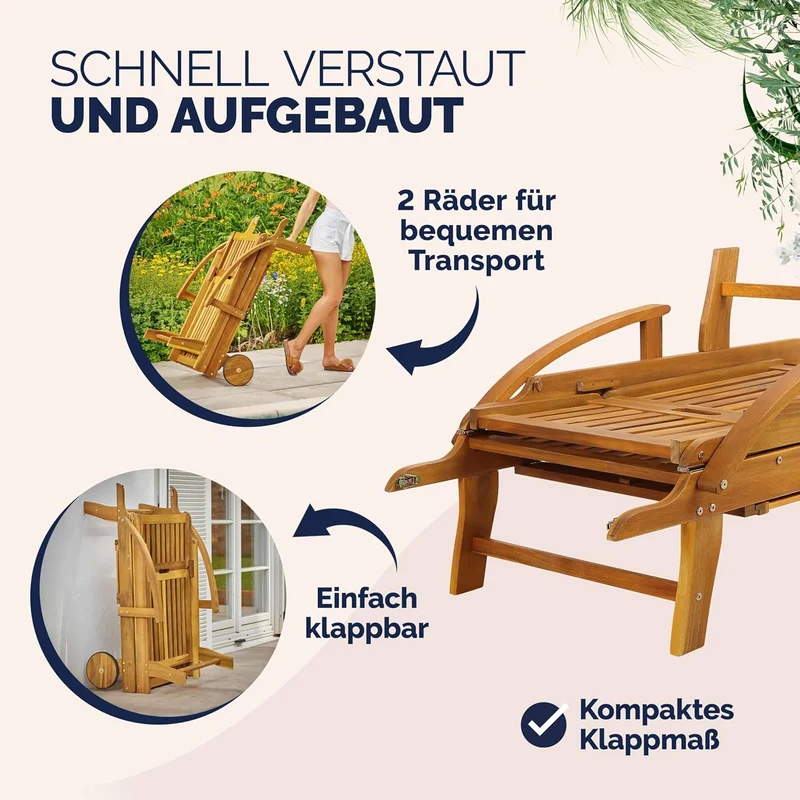 Casaria Sonnenliege 2er Set Akazienholz Braun – Klappbare Gartenliege mit Rädern, Ausziehtisch & verstellbarer Rückenlehne