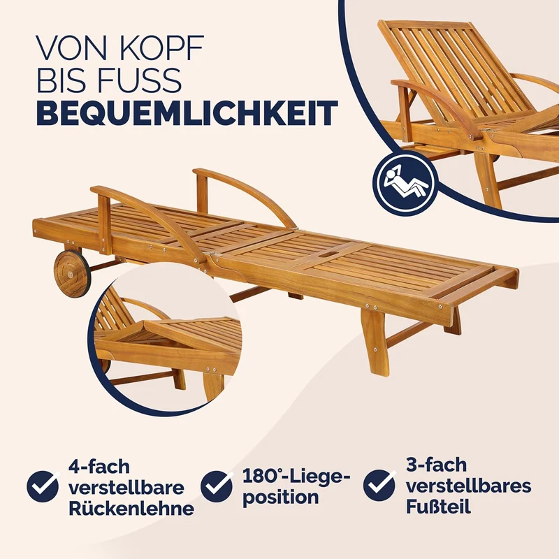 Casaria Sonnenliege 2er Set Akazienholz Braun – Klappbare Gartenliege mit Rädern, Ausziehtisch & verstellbarer Rückenlehne