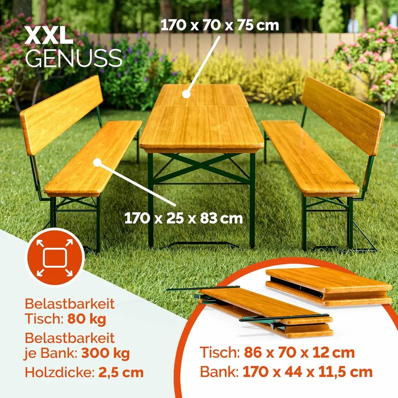 Casaria Bierzeltgarnitur 170 cm mit Lehne, 3-teilig aus Holz & Stahl, klappbar, Braun, Tisch mit 2 Bierbänken