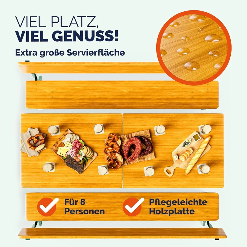 Casaria Bierzeltgarnitur 170 cm mit Lehne, 3-teilig aus Holz & Stahl, klappbar, Braun, Tisch mit 2 Bierbänken