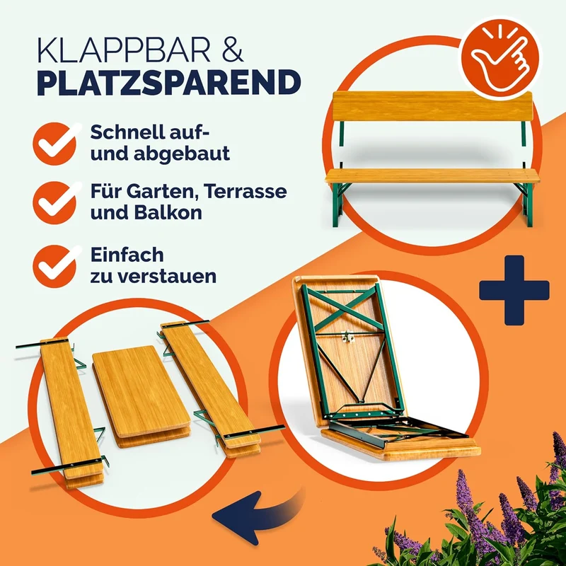 Casaria Bierzeltgarnitur 170 cm mit Lehne, 3-teilig aus Holz & Stahl, klappbar, Braun, Tisch mit 2 Bierbänken