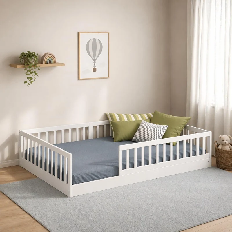 CADANI TIMI XL Bodenbett 140x200 Weiß, Rausfallschutz abnehmbar, bis 200 kg