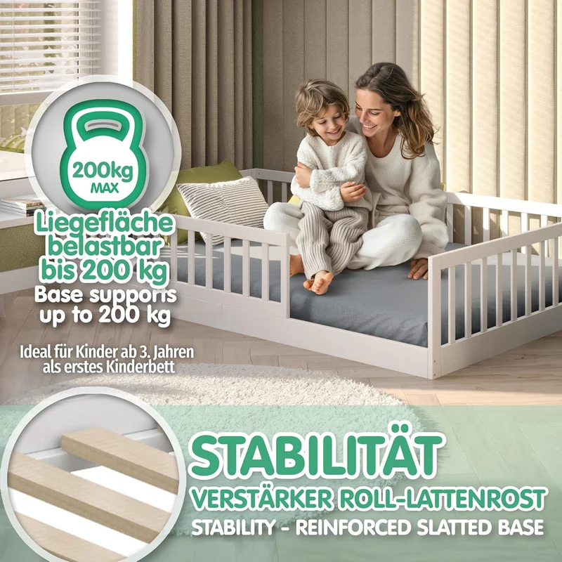 CADANI TIMI XL Bodenbett 120x200 Weiß, Rausfallschutz abnehmbar, bis 200 kg