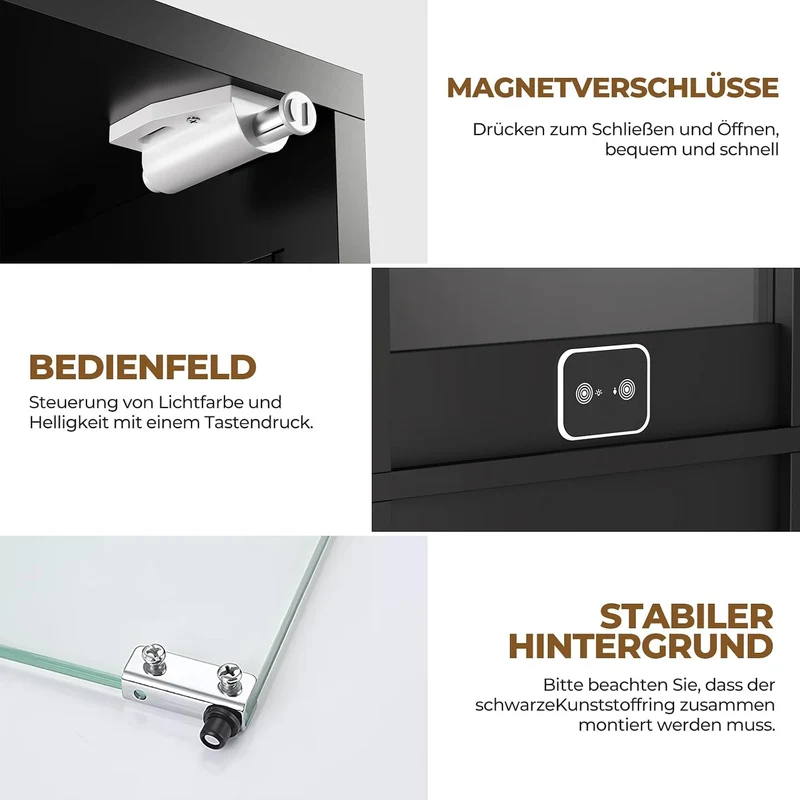 BROTTAR Glasvitrine mit Dreifarbig LED Beleuchtung und Glastüren, Glasvitrine Stehend mit Körpersensor-System, Sammlervitrine für Wohnzimmer, Büro, Bücher, Spielzimmer, Schwarz (40 x 35 x 160cm)