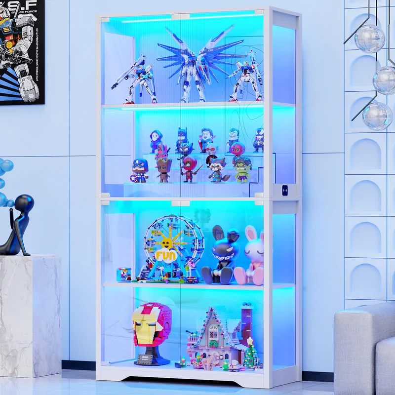 BROTTAR Glasvitrine mit Dreifarbig LED Beleuchtung und Glastüren, Glasvitrine Stehend mit Körpersensor-System, Sammlervitrine für Wohnzimmer, Büro, Bücher, Spielzimmer, Schwarz (40 x 35 x 160cm)