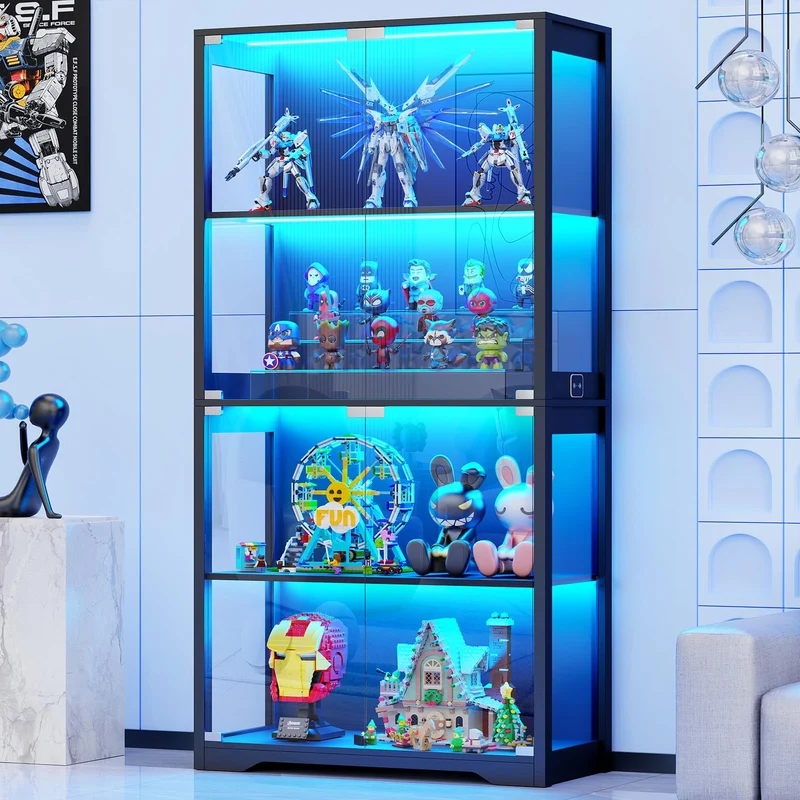 BROTTAR Glasvitrine mit Dreifarbig LED Beleuchtung und Glastüren, Glasvitrine Stehend mit Körpersensor-System, Sammlervitrine für Wohnzimmer, Büro, Bücher, Spielzimmer, Schwarz (40 x 35 x 160cm)