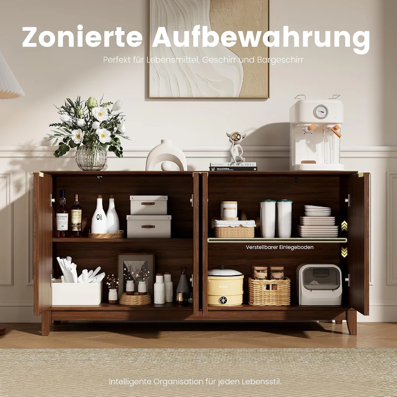 COLAMY Sideboard 150 cm Holz mit Stauraum – Modernes Sideboard für Wohnzimmer, Küchenschrank mit verstellbaren Einlegeböden, Buffet Schrank mit 3D Holzfront, Walnut