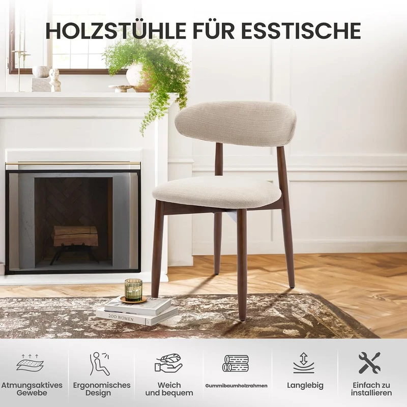 COLAMY Küchenstuhl Esszimmerstühle 4er Set, Moderne Polsterstuhl Essstühle mit Fester Rückenlehne, Stoff Esszimmerstühl mit Holzbein für Esszimmer, Küche, Restaurant, Beige